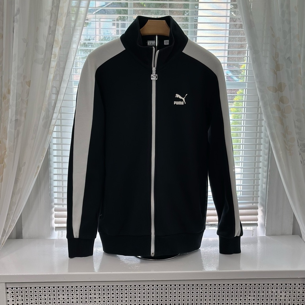 Puma Men’s T7 Track Zip-Up Track Jacket in Black and White
